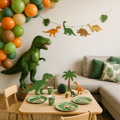 Dinosauří oslava pro děti doma: výzdoba, balónky a doplňky, které ladí