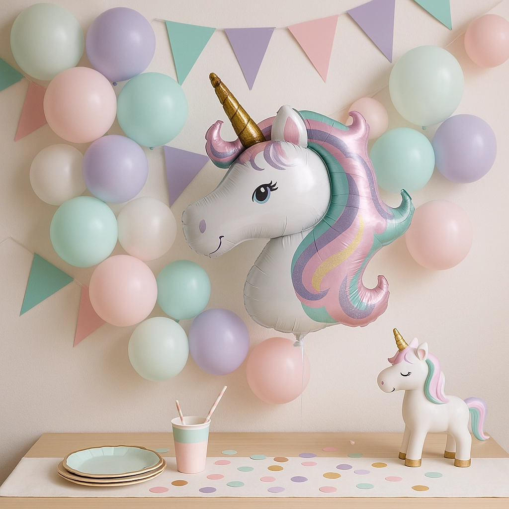 Jednorožcové balónky, girlandy a doplňky bez vizuálního chaosu