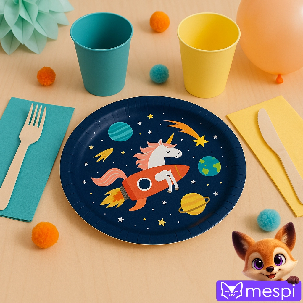 Dětská tematická párty: vzorovaný talíř, jednobarevný zbytek