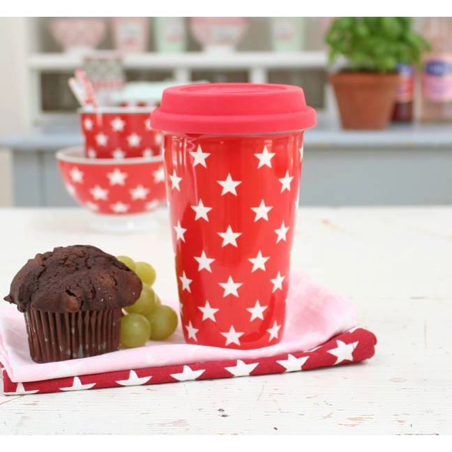 Cestovní porcelánový termohrnek - Red Stars 300 ml