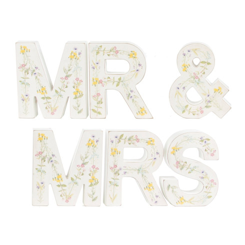 Drevený nápis Mr & Mrs s lúčnymi kvetmi Drevený nápis Mr & Mrs s lúčnymi kvetmi