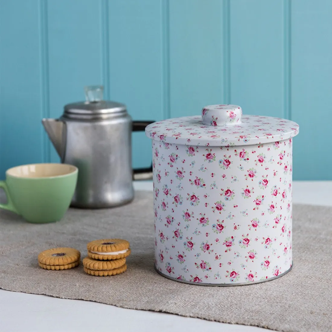 Plechová dóza s víkem s růžemi - 15,5 cm