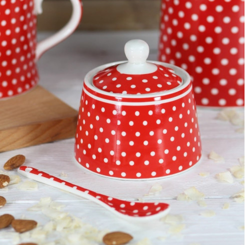Porcelánová cukornička s bodkami - červená