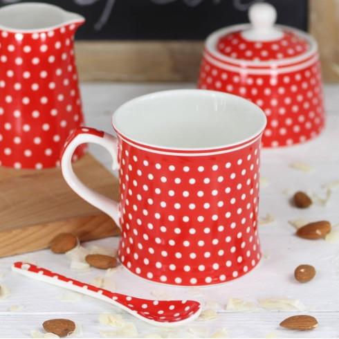 Porcelánový hrnček s bodkami 380 ml - červený