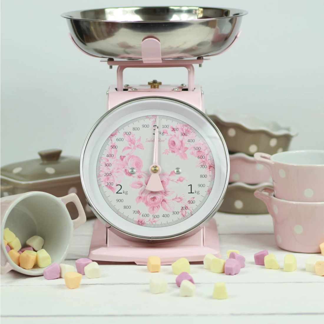 Retro kuchynská váha s ružami - ružová
