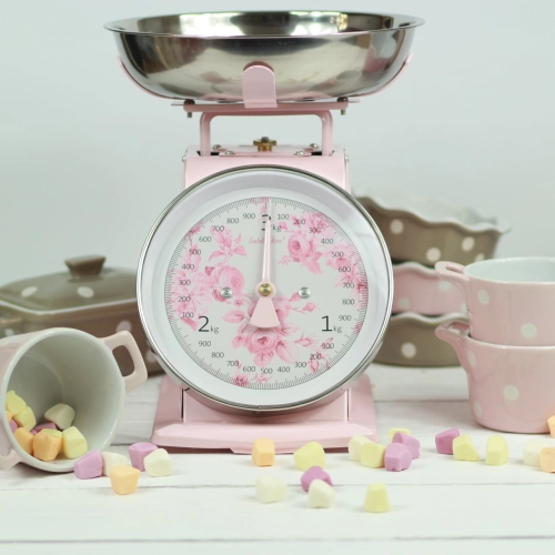 Retro kuchynská váha s ružami - ružová