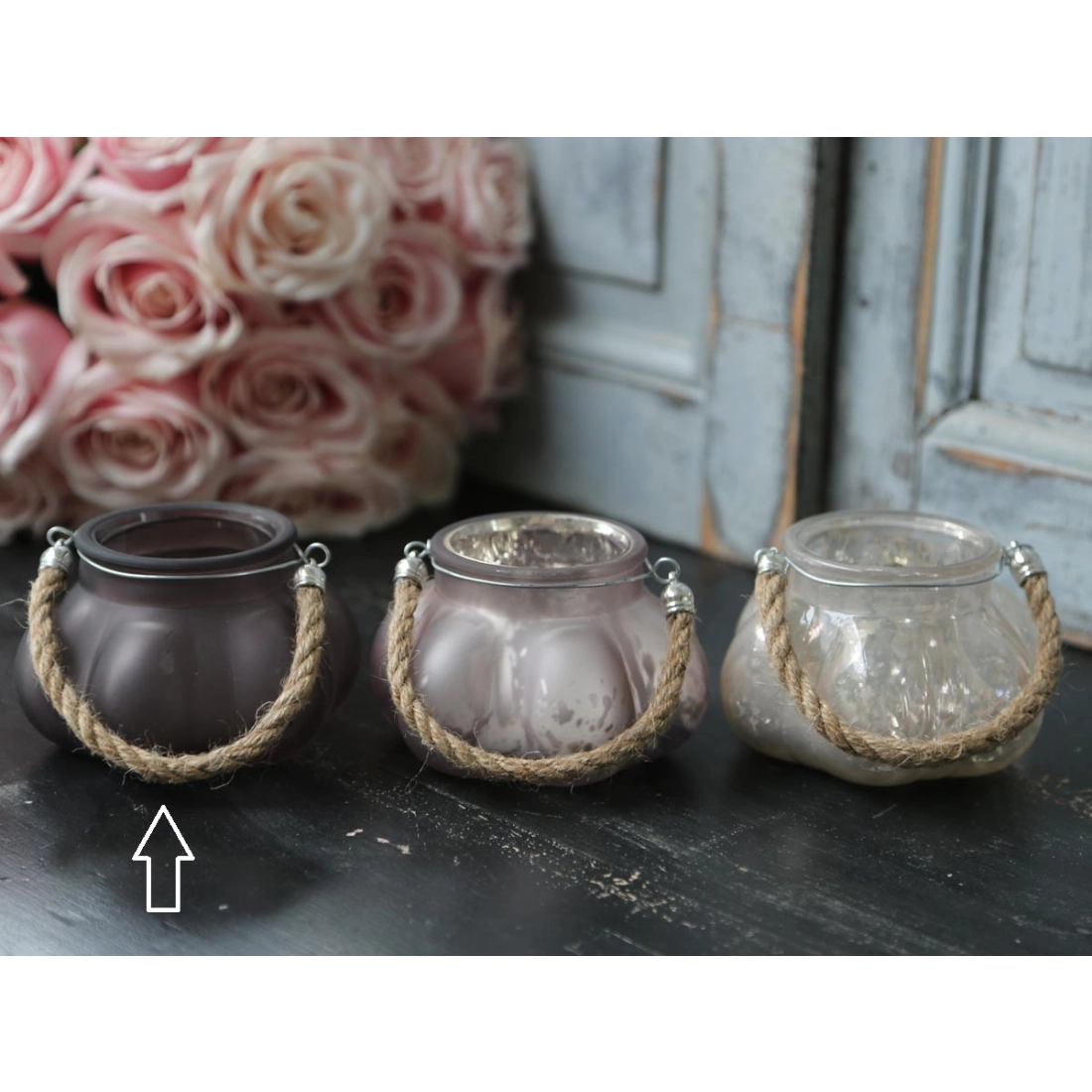 Skleněný svícen s konopným ouškem - šedý