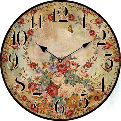 Drevené nástenné hodiny s motívom vintage kvetín 29 cm