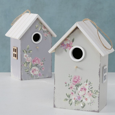 Drevená vtáčia búdka s ružami - 22 cm