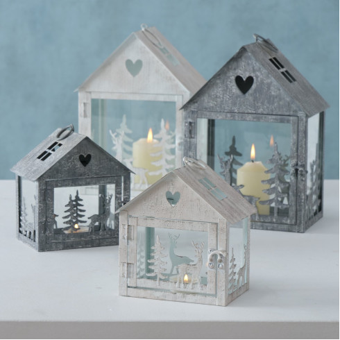 Kovový lampáš Zimný domček 16 cm - biely