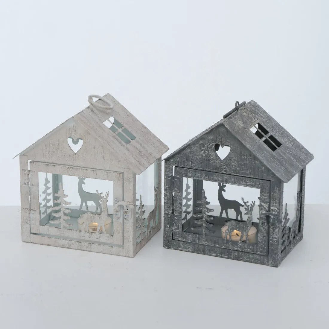 Kovový lampáš Zimný domček 16 cm - šedý