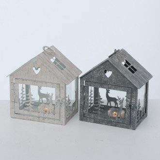 Kovový lampáš Zimný domček 16 cm - šedý