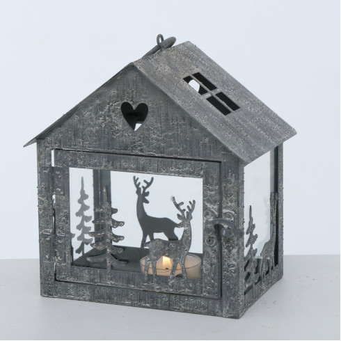 Kovový lampáš Zimný domček 16 cm - šedý