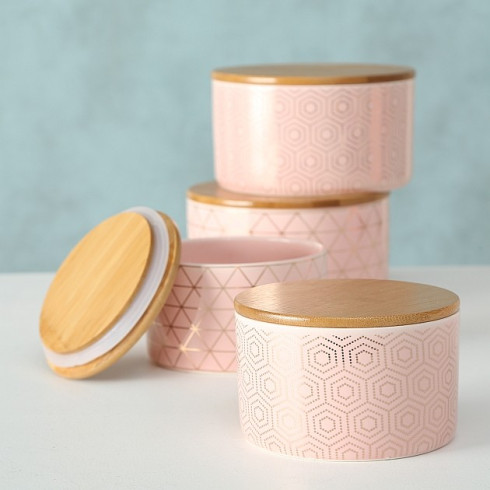 Porcelánové dózy s bambusovým víkem - růžové, set 2 ks