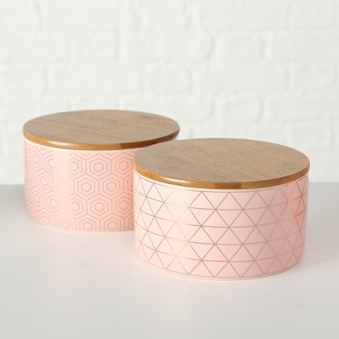 Porcelánové dózy s bambusovým víkem - růžové, set 2 ks