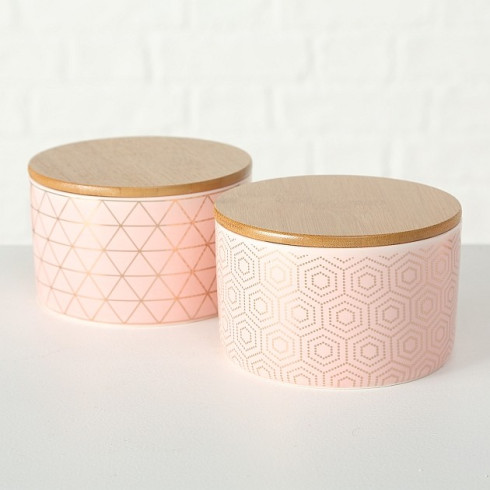 Porcelánové dózy s bambusovým víkem - růžové, set 2 ks