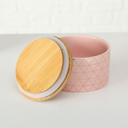 Porcelánové dózy s bambusovým víkem - růžové, set 2 ks