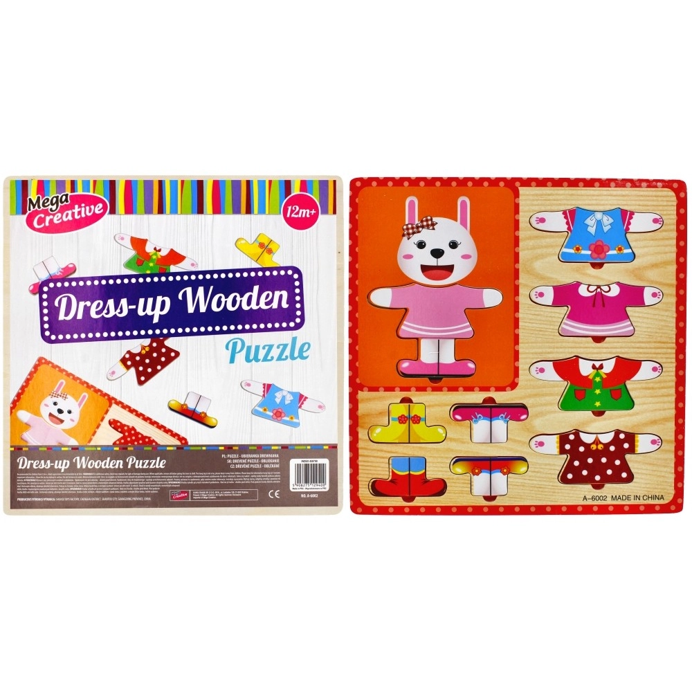 Drevené edukačné puzzle Zajačik obliekanie, ružové