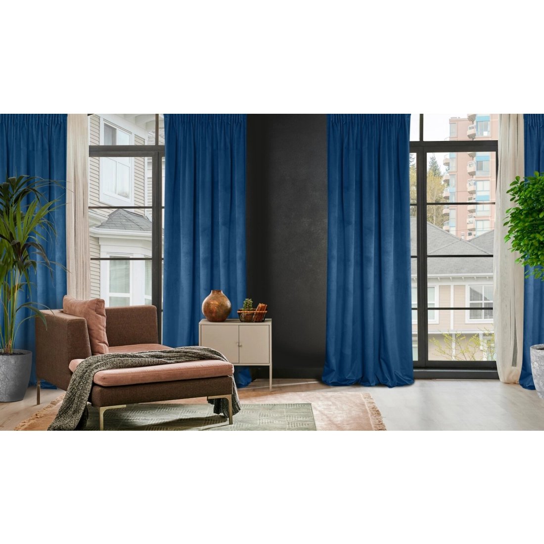 Rosa dizájnfüggöny finom bársonyból - 135 x 300 cm - kék, ráncoló szalagos rögzítés