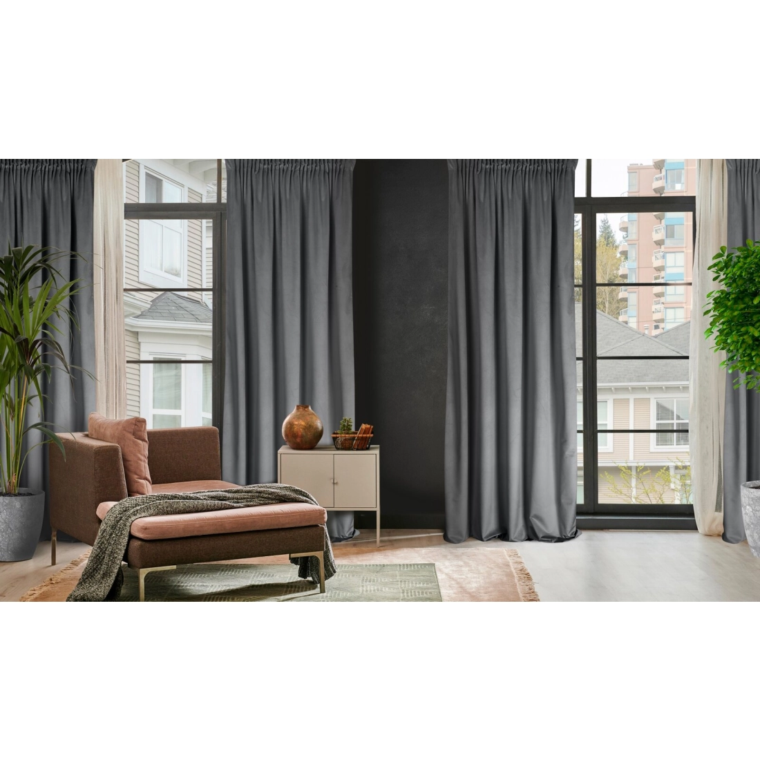 Designová závěs Rosa z jemného sametu - 135x300 cm - šedý uchycení řasící páska