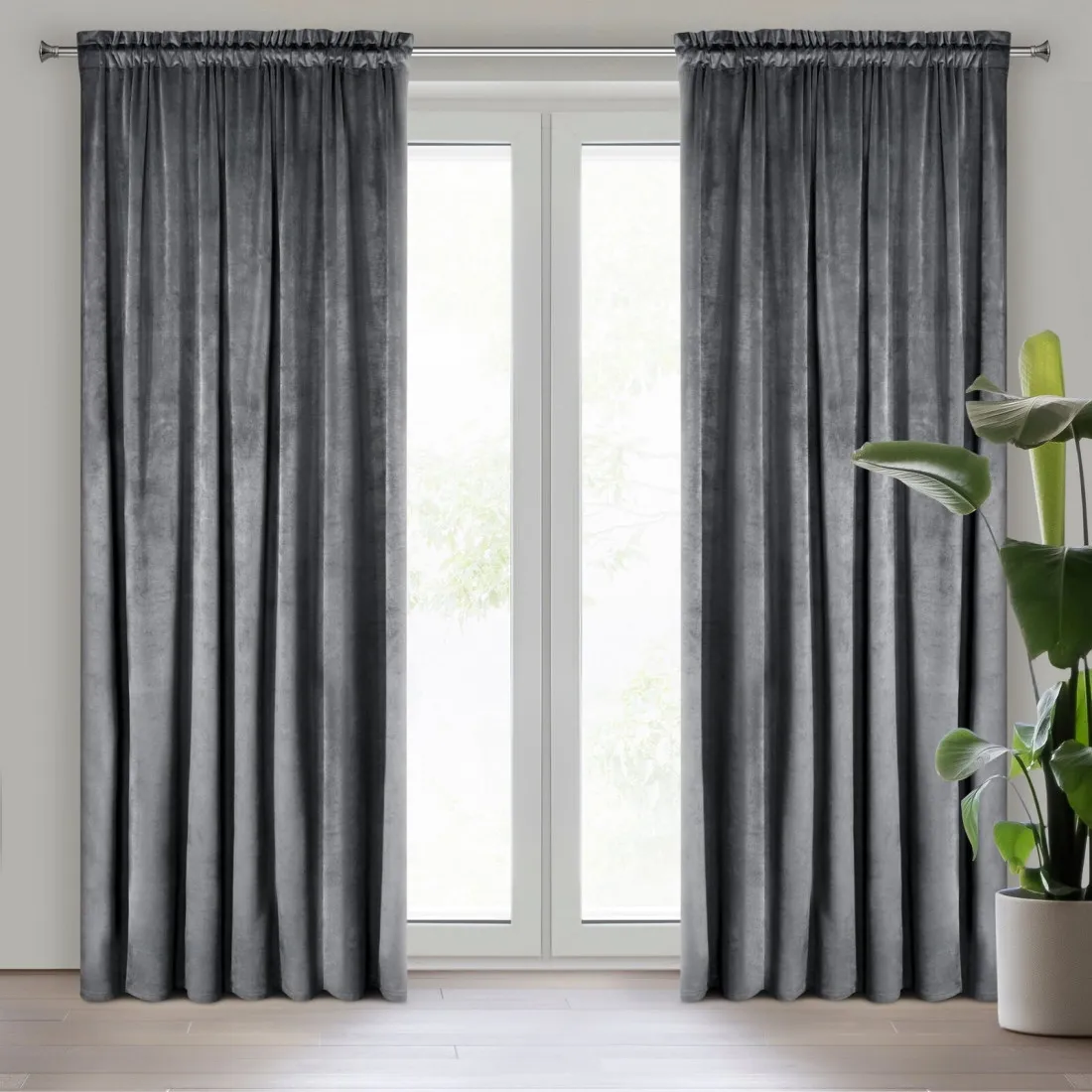 Designová závěs Rosa z jemného sametu - 135x300 cm - šedý uchycení řasící páska