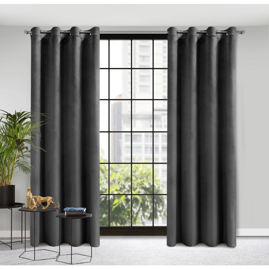 Dizajnový záves Rosa z jemného zamatu - 140x250 cm - čierny uchytenie dekoračné kolieska