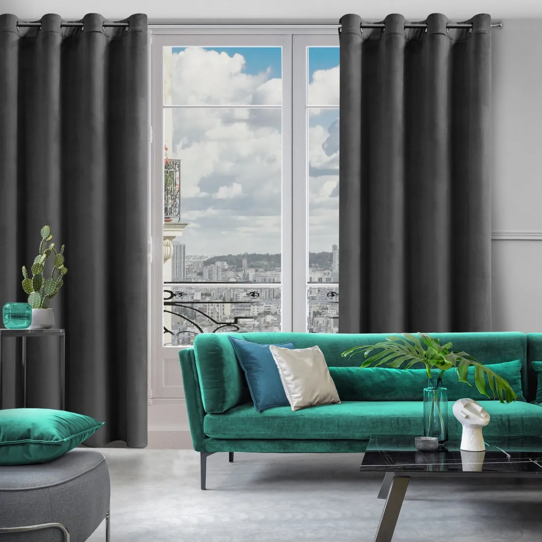 Dizajnový záves Rosa z jemného zamatu - 140x250 cm - čierny uchytenie dekoračné kolieska