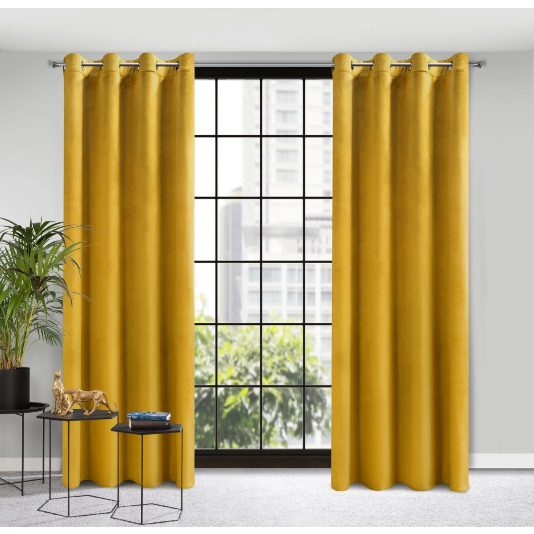 Rosa dizájnfüggöny finom bársonyból - 140 x 250 cm - mustársárga, rögzítés: dekoratív karikák