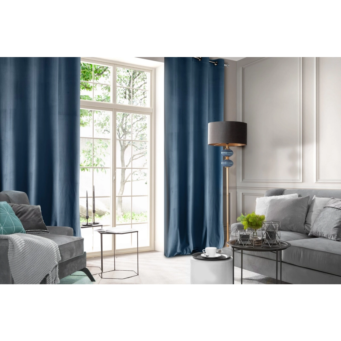 Rosa dizájnfüggöny finom bársonyból - 140 x 250 cm - kék, dekoratív gyűrűs rögzítéssel