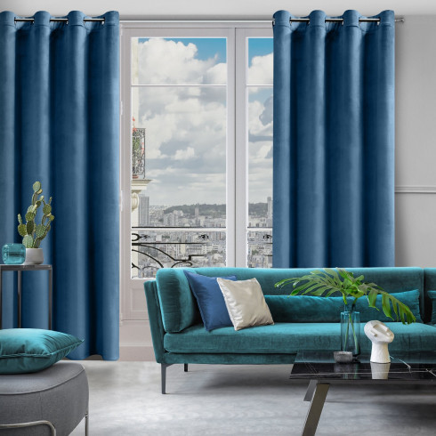 Designová závěs Rosa z jemného sametu - 140x250 cm - modrý uchycení dekorační kroužky