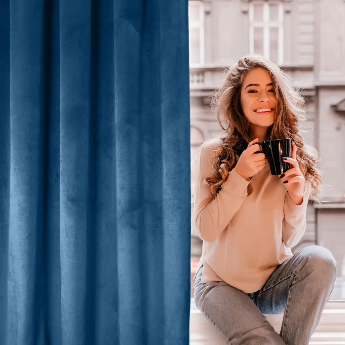 Rosa dizájnfüggöny finom bársonyból - 140 x 250 cm - kék, dekoratív gyűrűs rögzítéssel