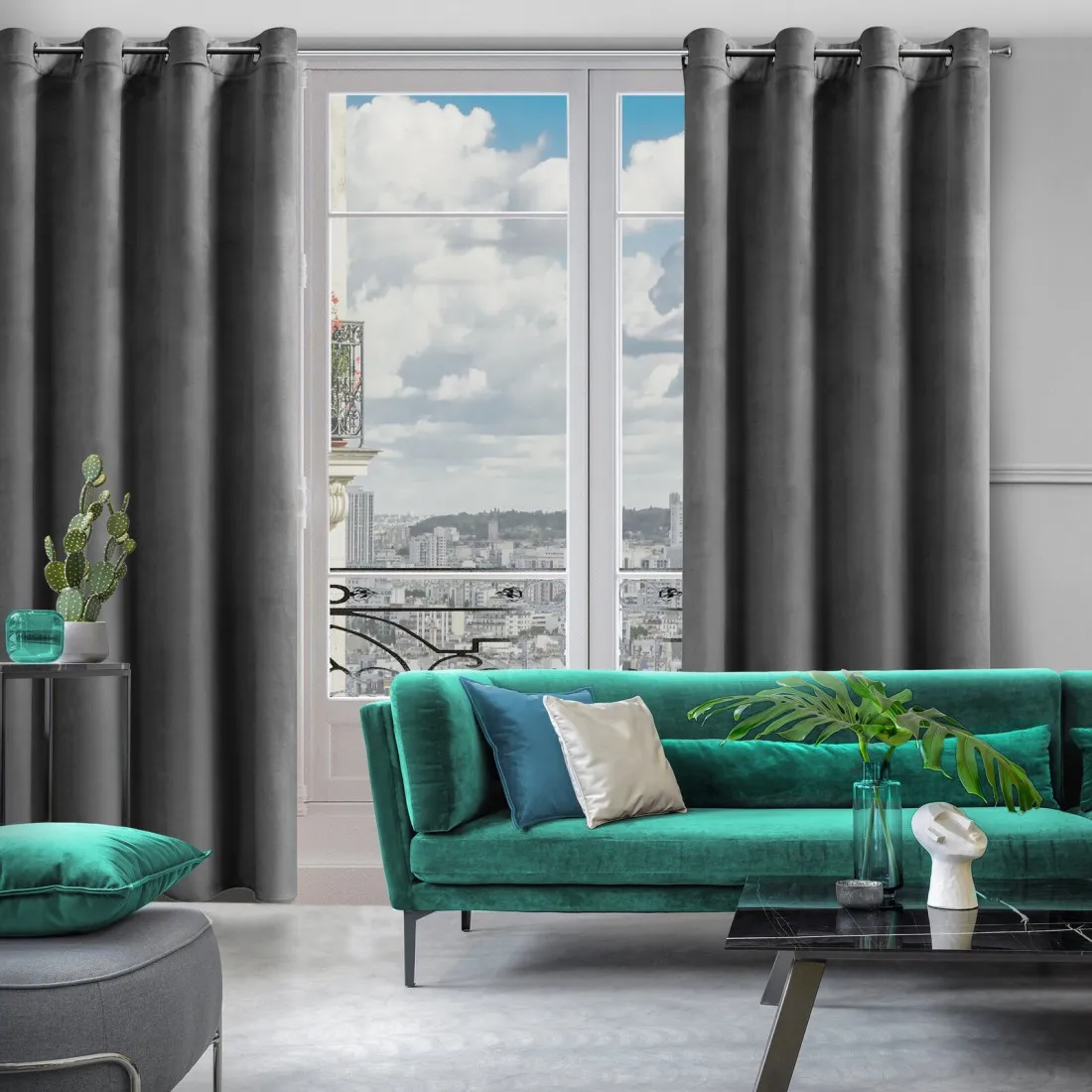 Dizajnový záves Rosa z jemného zamatu - 140x250 cm - šedý uchytenie dekoračné kolieska