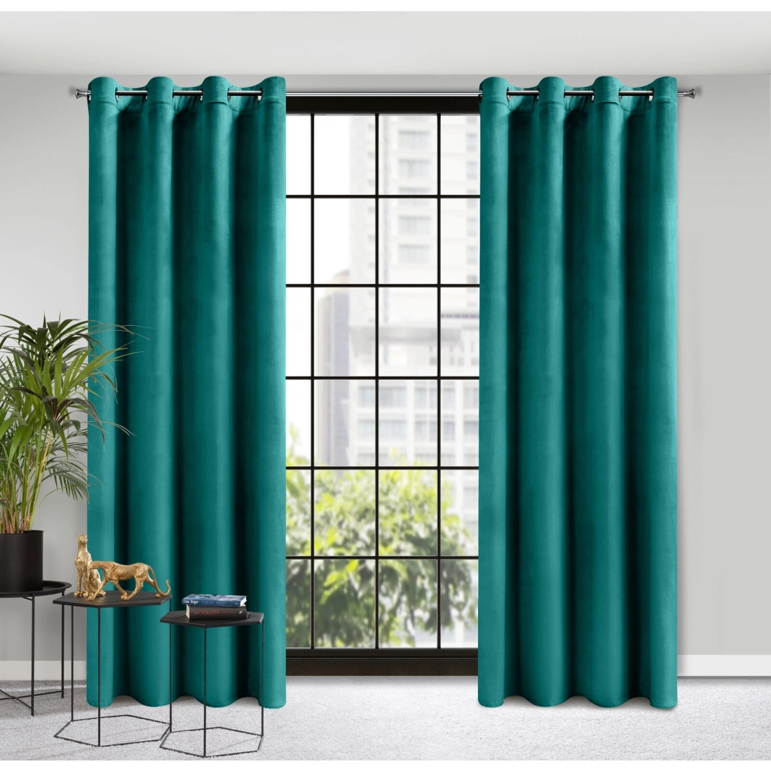 Rosa dizájnfüggöny finom bársonyból - 140 x 250 cm - sötét türkiz, rögzítés: dekoratív karikák