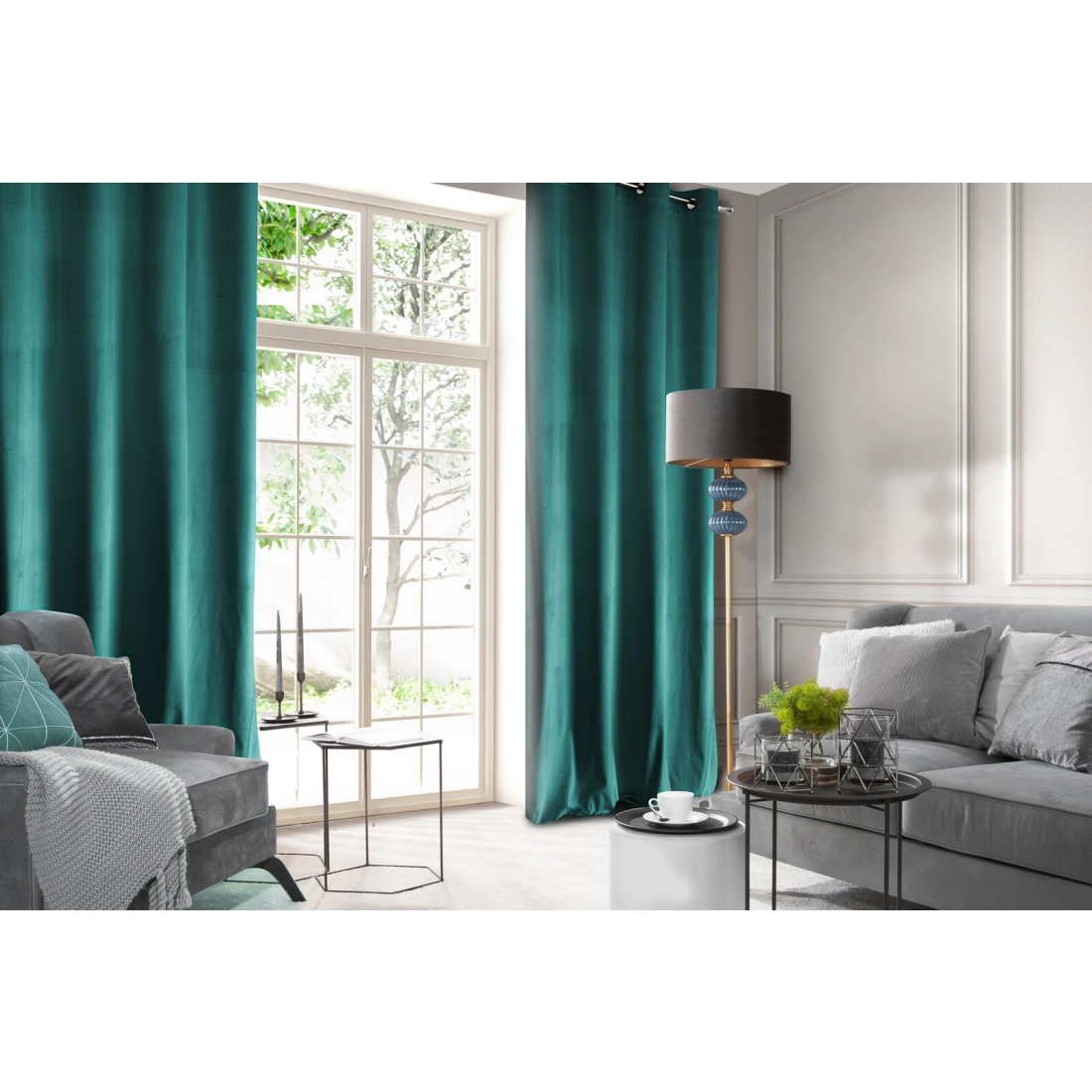 Rosa dizájnfüggöny finom bársonyból - 140 x 250 cm - sötét türkiz, rögzítés: dekoratív karikák
