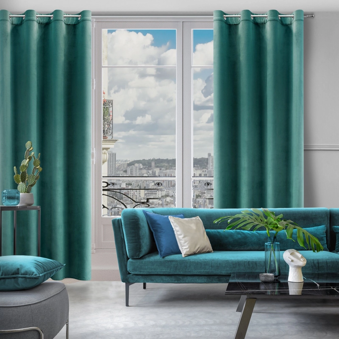 Rosa dizájnfüggöny finom bársonyból - 140 x 250 cm - sötét türkiz, rögzítés: dekoratív karikák