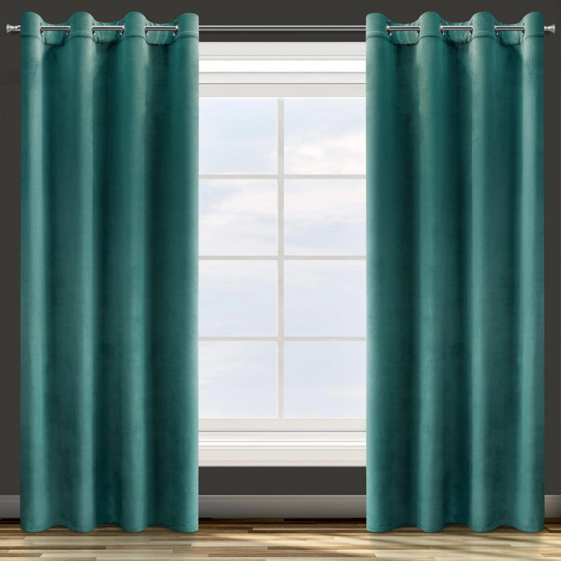 Rosa dizájnfüggöny finom bársonyból - 140 x 250 cm - sötét türkiz, rögzítés: dekoratív karikák