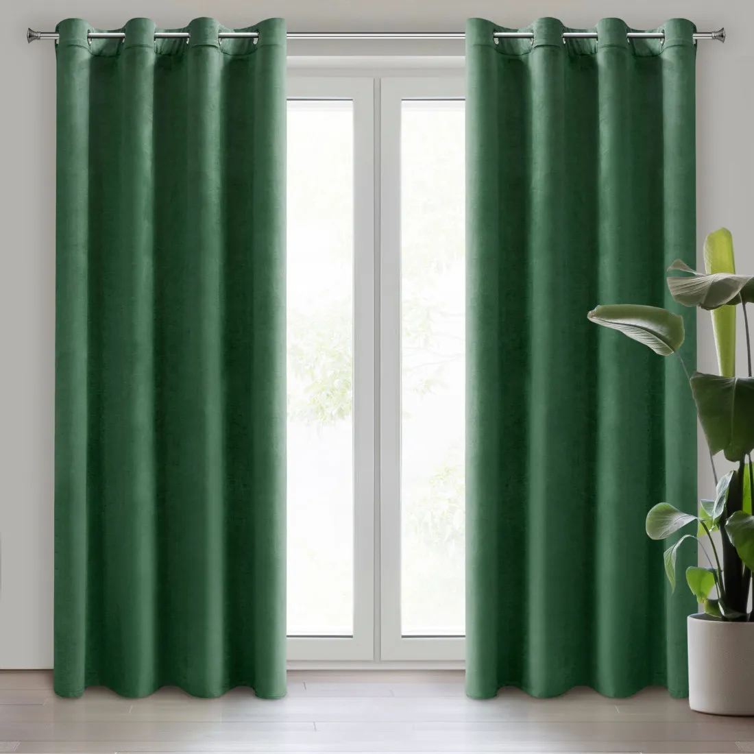 Rosa dizájnfüggöny finom bársonyból - 140 x 250 cm - zöld, rögzítés: dekoratív karikák