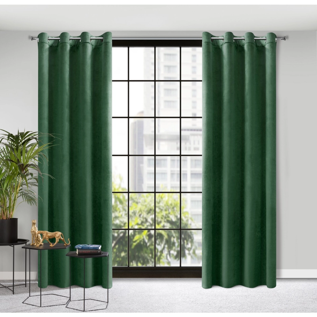 Rosa dizájnfüggöny finom bársonyból - 140 x 250 cm - zöld, rögzítés: dekoratív karikák