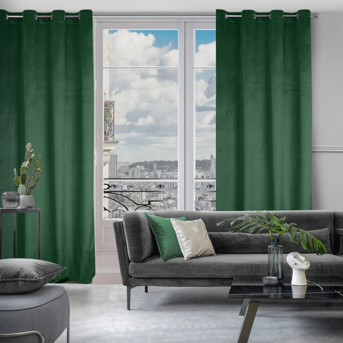 Rosa dizájnfüggöny finom bársonyból - 140 x 250 cm - zöld, rögzítés: dekoratív karikák