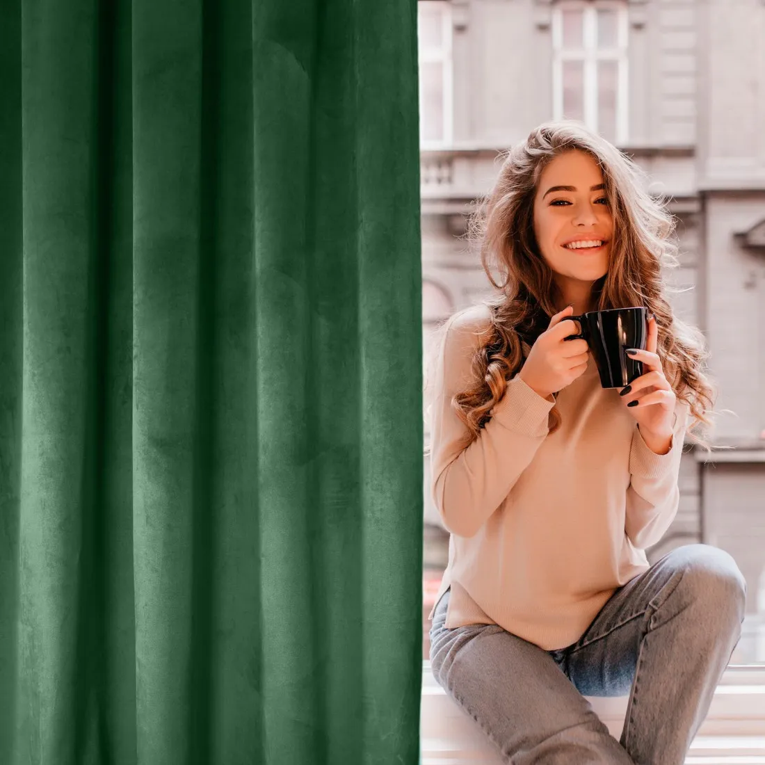 Rosa dizájnfüggöny finom bársonyból - 140 x 250 cm - zöld, rögzítés: dekoratív karikák