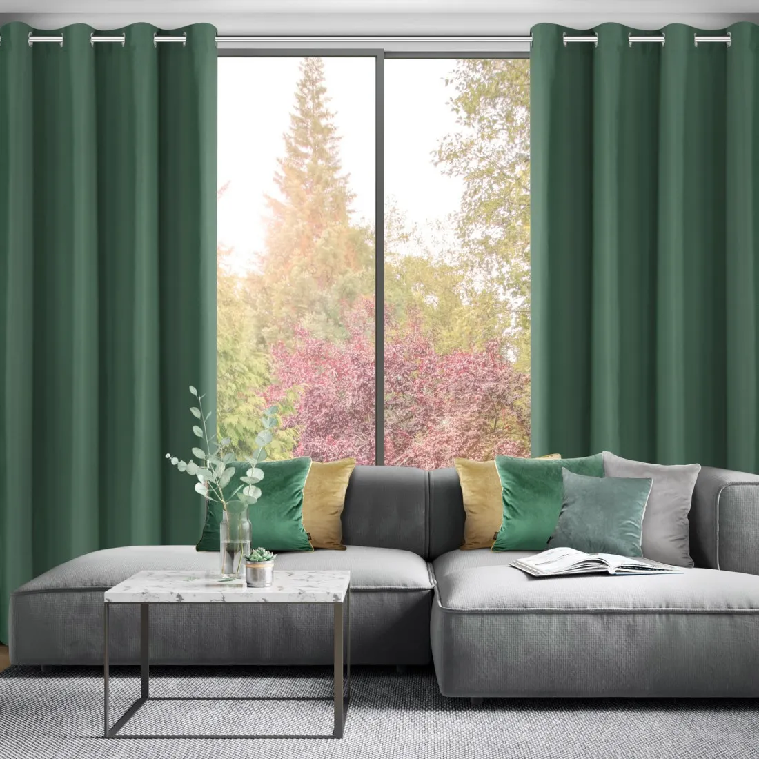 Záves Adari z hladkej matnej látky 140x250 cm - zelený, uchytenie dekoračné kolieska