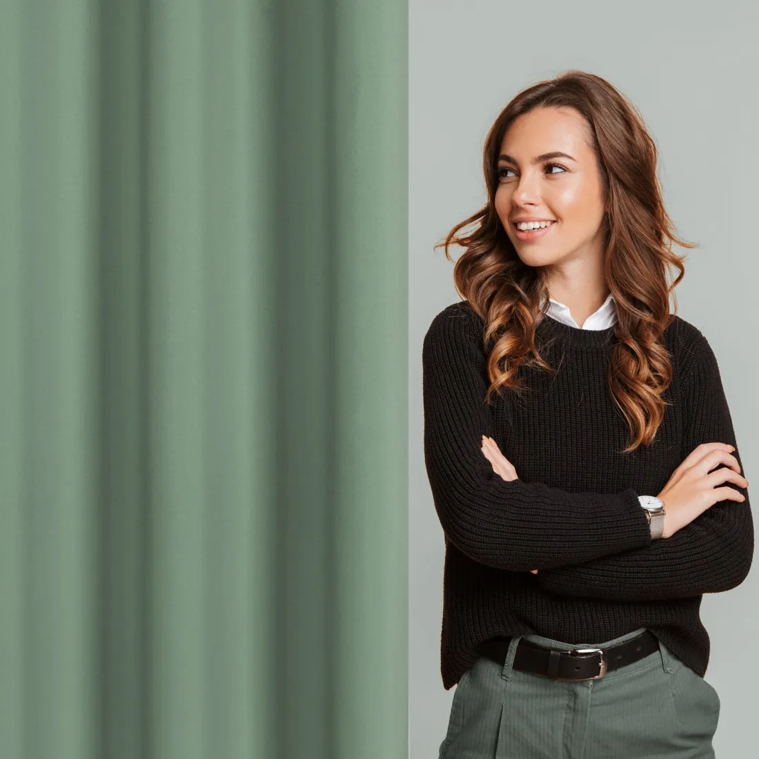 Rita függöny sima szövetből 140 x 250 cm - sötét mentazöld, dekoratív karikás rögzítés