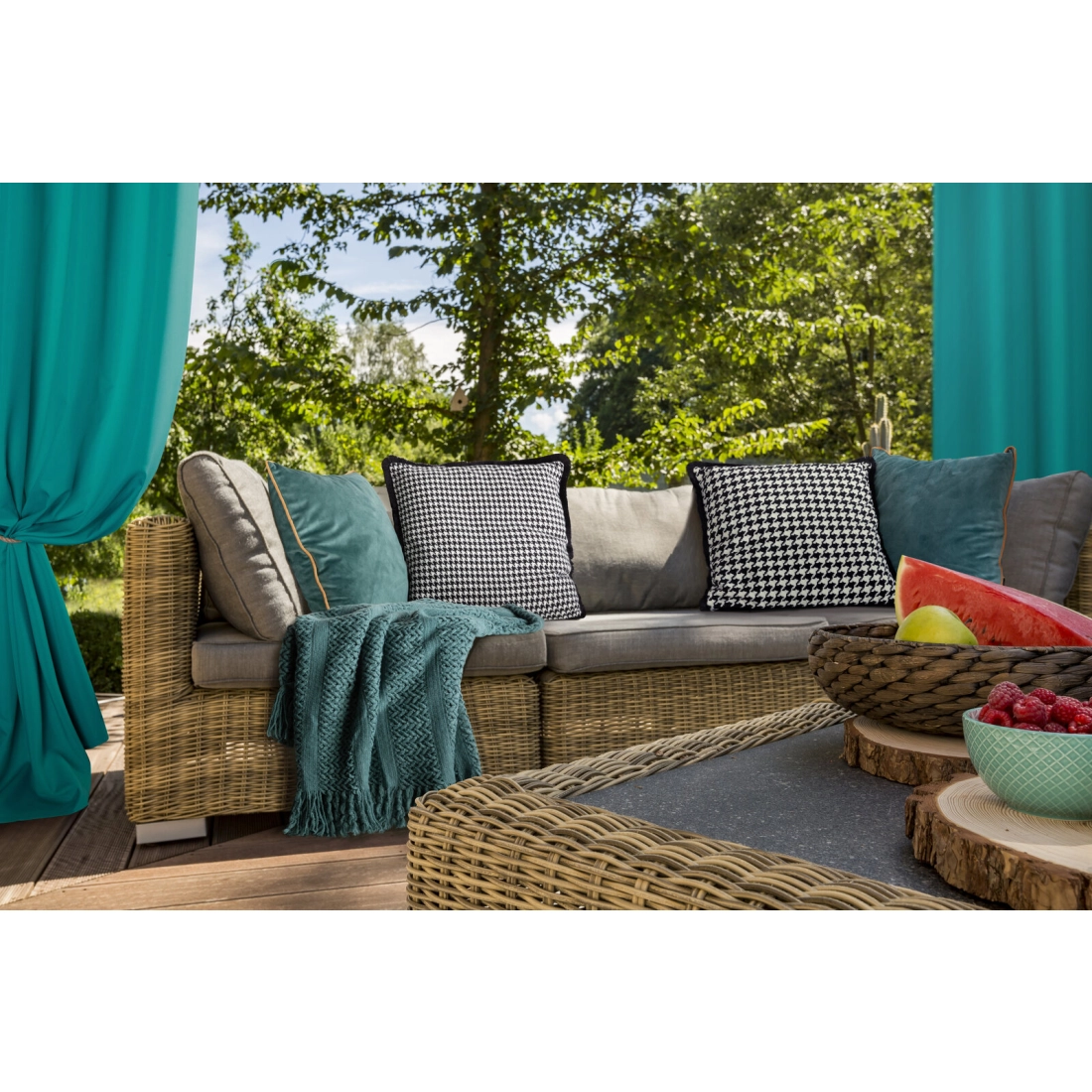 Rita függöny sima anyagból 140 x 250 cm - türkiz, dekoratív karikás rögzítés