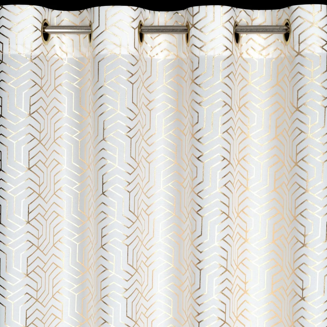 Geometrikus mintás függöny 140 x 250 cm - fehér - rögzítés: dekoratív karikák