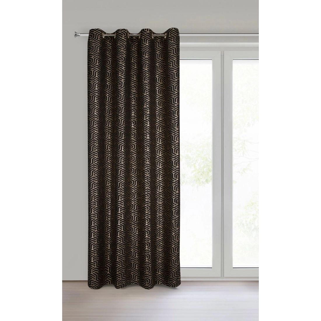 Geometrikus mintás függöny 140 x 250 cm - fekete - rögzítés: dekoratív karikák