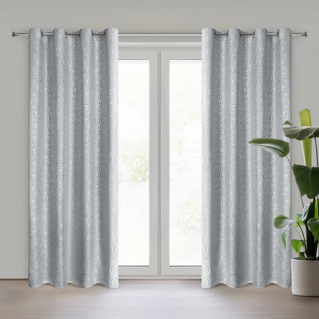 Geometriai mintás függöny 140 x 250 cm - ezüst - dekoratív karikás rögzítés