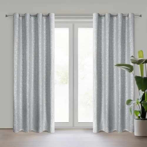 Závěs s geometrickým potiskem 140x250 cm - stříbrný - uchycení dekorativní kroužky