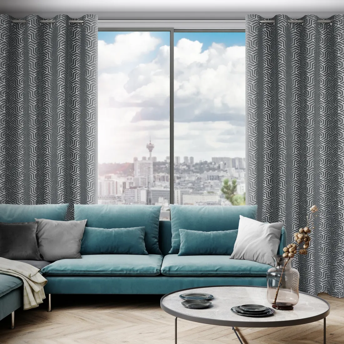 Geometrikus mintás függöny 140 x 250 cm - sötétezüst - dekoratív karikás rögzítés