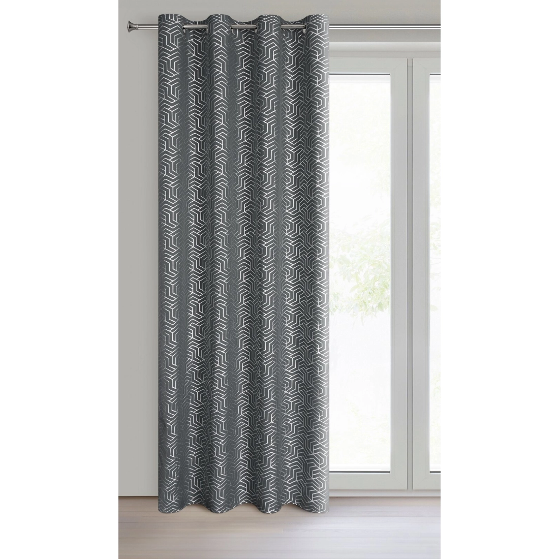 Geometrikus mintás függöny 140 x 250 cm - sötétezüst - dekoratív karikás rögzítés