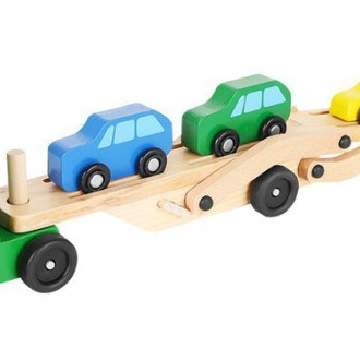 Drevený ťahač s návesom na prepravu áut - 32 cm